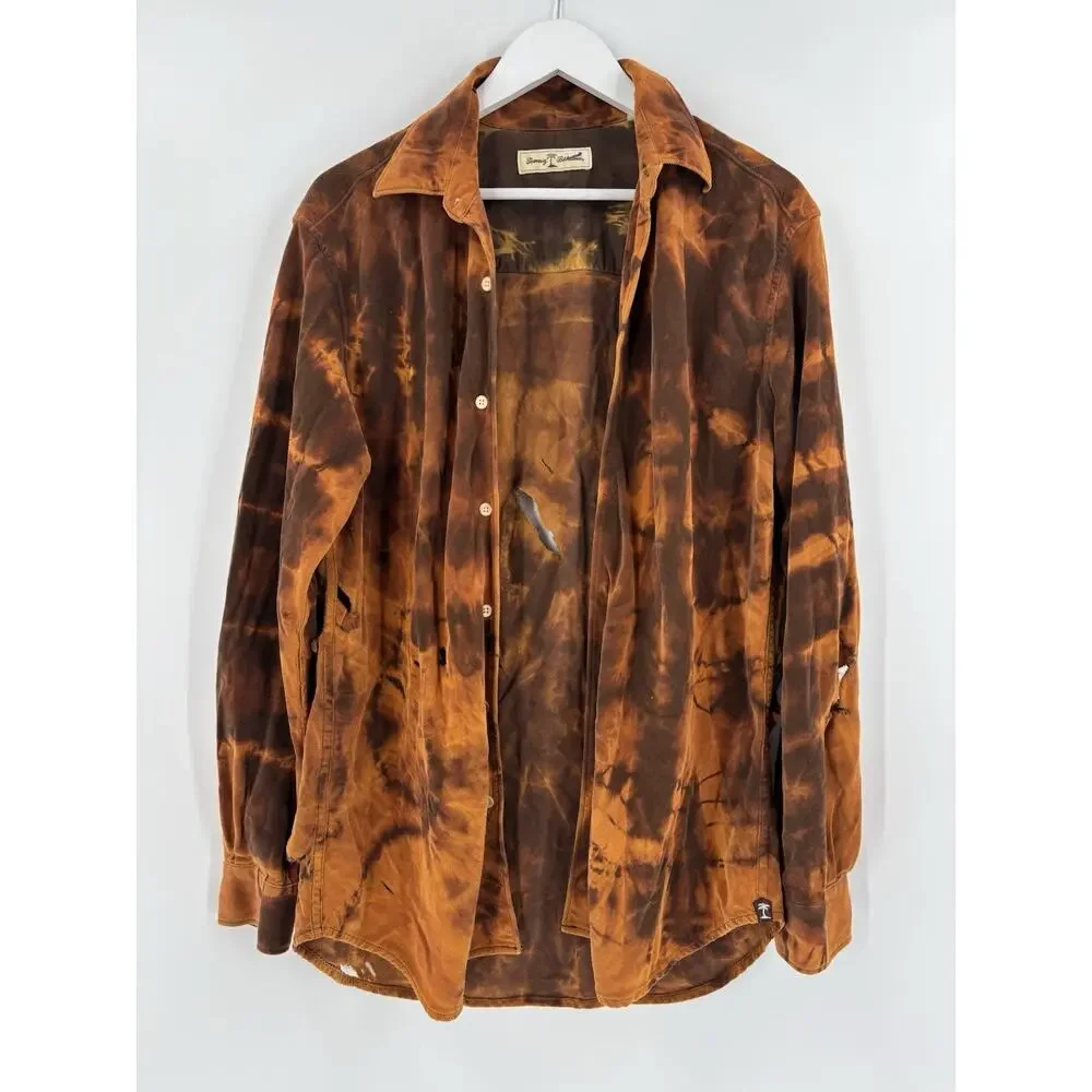 Tommy Bahama Button Down Mens Medium Orange Brown Corduroy Tie Dye Distressed
